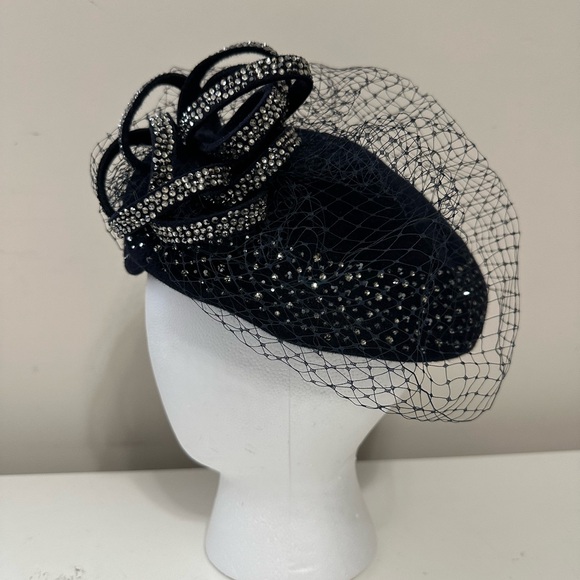 Diva Accessories - Diva blue Rabbit Hair pillbox hat with a net veil and rhinestone embellishment